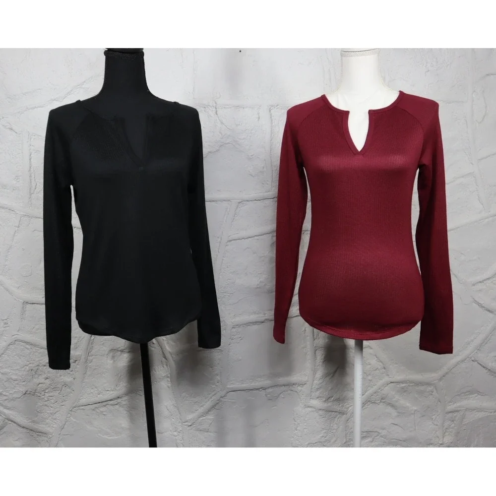Jenni Women's Split-Neck Pajama Top Bundle of 2 - Black - Wine -‎ Size Small